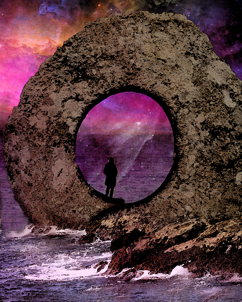 digital composition of stone circle with man looking out over the ocean