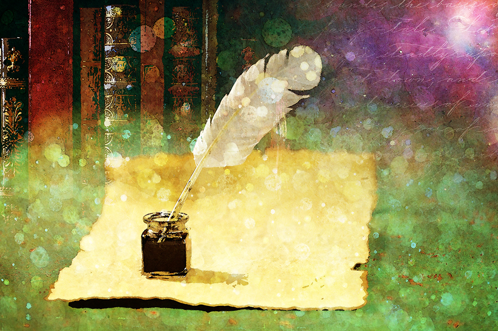 digital manipulation of scroll, ink bottle, quill and books