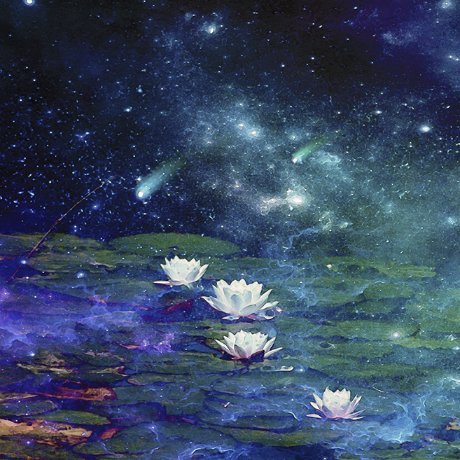 digital art of galaxy and lily pond