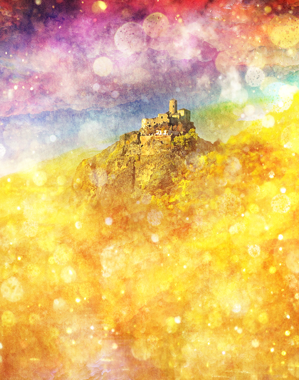 castle in field of gold and rainbows